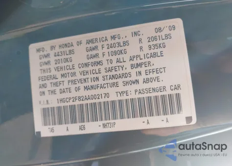 2010 Honda Accord 2.4 Ex-L из США, поврежденный, VIN 1HGCP2F82AA002170